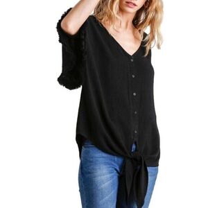 Umgee USA Layered Sleeve Button Up Linen Blend Top